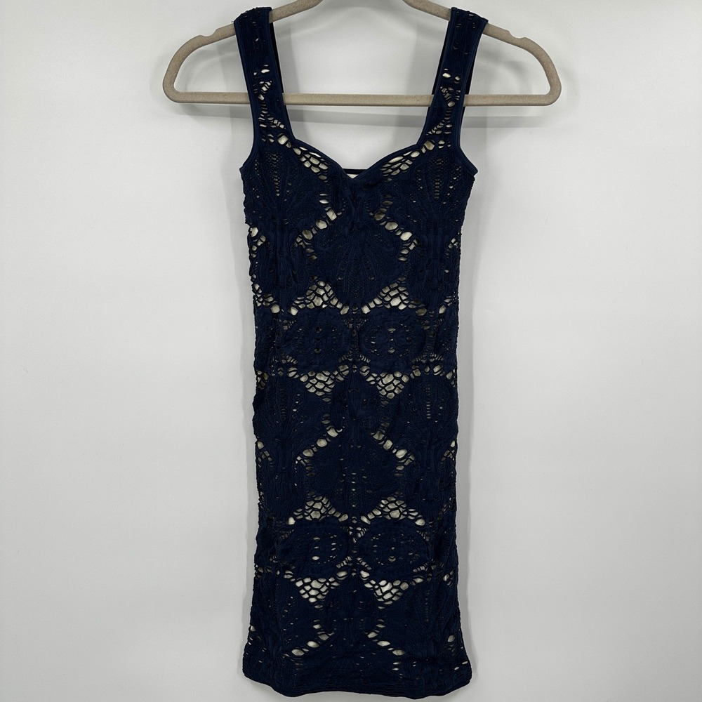 Intimately Free People Navy‎ Blue Crochet Lace Knit Sweetheart Mini Dress XS S